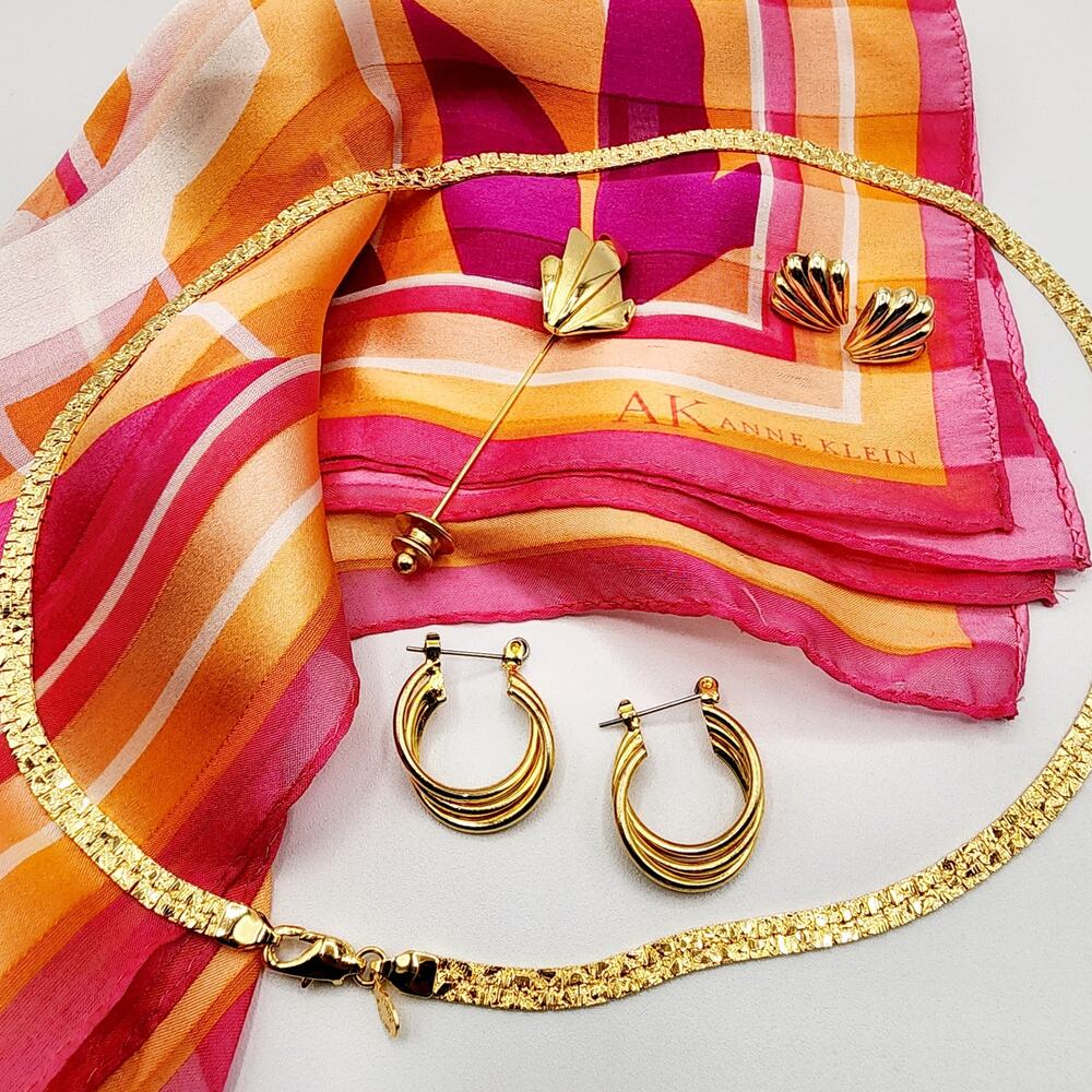 80s 90s Office Chic Jewelry Lot Gold Tone with Monet Pin and Anne Klein Scarf